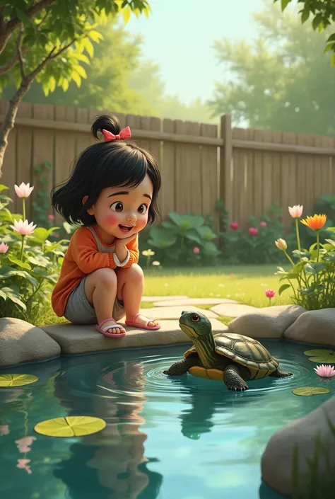 From that day on, Mia and Toby became inseparable. She built a little pond in her backyard just for him, complete with smooth stones and floating lilies. Every morning, Mia would sit by the pond, sharing her stories with Toby about her adventures, dreams, ...