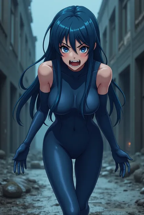 slim female with long dark blue hair with bangs. She wears a dark blue sleeveless full body catsuit and matching stilettos. She has long light blue gloves. she is screaming and crying and reaching towards the viewer. she is running away from sailor moon fu...