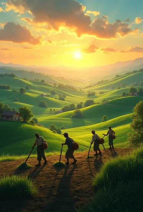  A sprawling ,  fertile landscape with green fields and rolling hills .  In the foreground, farmers plough the earth with traditional tools, While the sun rises on the horizon .

