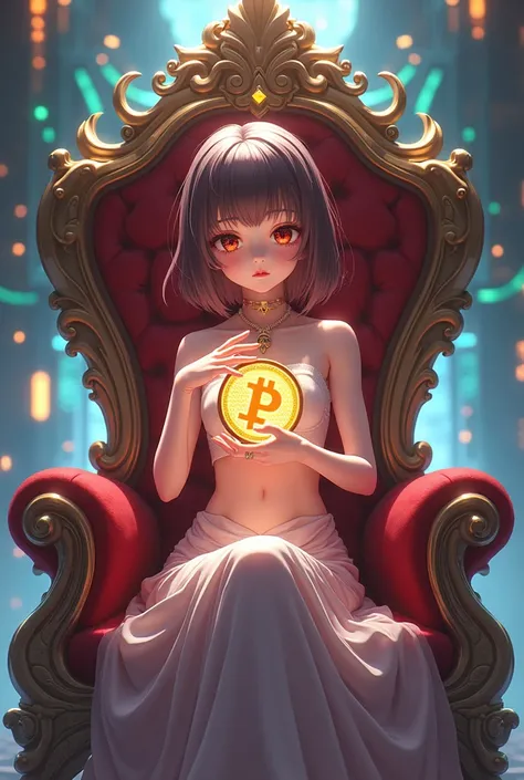 Anime woman sit on a throne and play with cryptocurrency coin name “pi” 