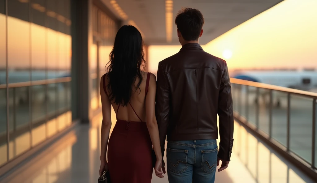 Ultra realistic full-length photo: 1.3. Front view from a distance, full-length from head to toe: 1.3. High detail. 32k. Luxury photo: 1.3. Romantic couple man and woman with backpacks walking to the airport facing the viewer: Beautiful sexy woman with a f...