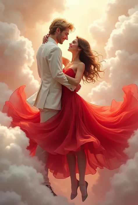 Two young people dancing in white and red clouds ,  a young man is blond and tall and the girl is a brunette with green eyes ,  the girl wears a red tail dress and the boy a white suit. 