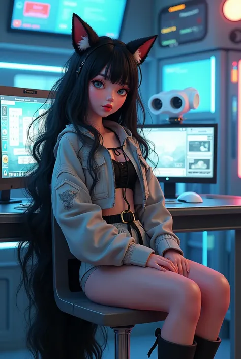 Women open Full breast not costum Warrior Name Alona on bacground desain hd surealism 4d rendering 3D real women donghua pouting lips chubby face silk show hawk longhair lurus Rapunzel black colour hair beauty,wearing wolf custom Hoodie on hair short crop ...