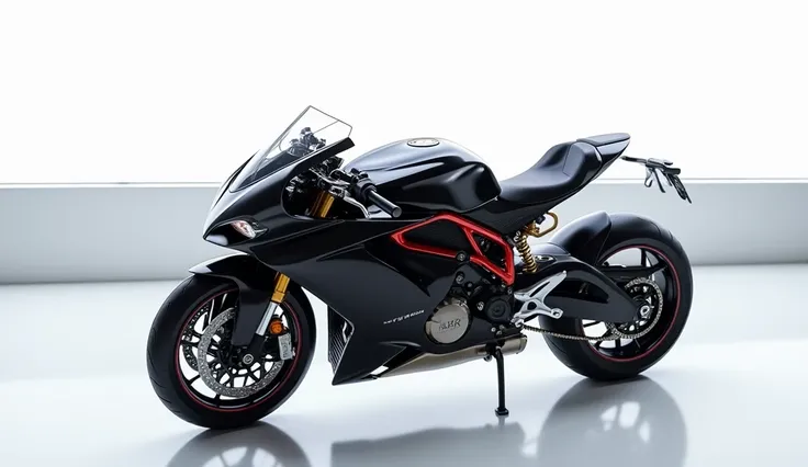 Generate a high-resolution, fully realistic image of a (2025 Aprilia RS 457 motorcycle) in (Vibrant black Color) , with a sleek and modern exterior, futuristic wheels, and a shimmering body color, displayed in a luxurious showroom.The image should be highl...