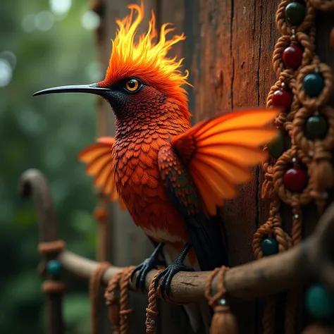  Realistic photo of an pyromaniac firebird hummingbird honored by the Amazonian shuars. High contrasts 