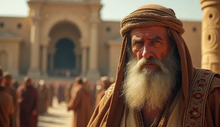 A close-up of the face of a Hebrew man in the land of Canaan at the time of Jesus Christ. He is a middle-aged man with white hair and beard. He is wearing a temple priests robe and a period headscarf as he is leaving Solomons temple. Some people are standi...