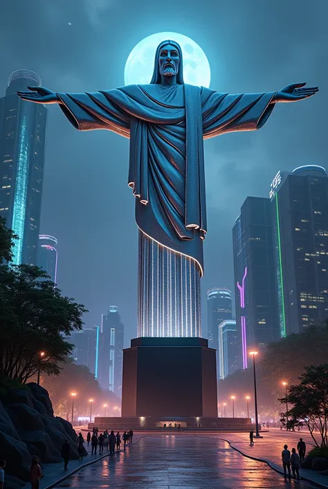 Central Focus: The Modernized Christ the Redeemer

Material and Illumination: The statue is composed of a sleek, metallic alloy that shimmers under the city lights. Its surface is adorned with intricate holographic patterns that pulse in a rhythmic dance o...