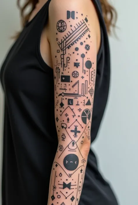 an arm with a sleeve full of modern mini tattoos 