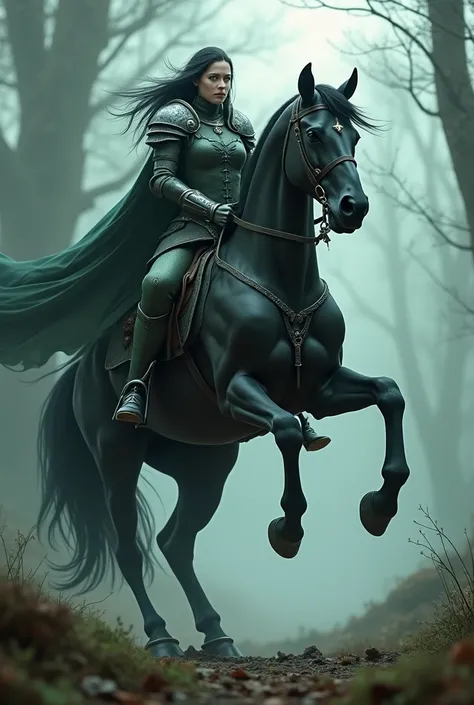 medieval warrior,  long black hair green eyes on her black horse , In a ghostly nature   