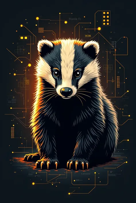 Honey Badger logo, connected to Cyber Security and must be drawn with lines only 2D, no lines inside the animal and white lines just drawn at the outside of badger and Cyber Security related backgro and