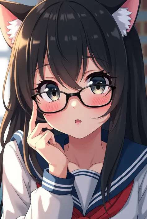 A black-eyed anime girl wearing glasses with white pussy