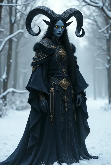  An onyx skin tiefling with yellow eyes with long hair and sheep horns . Wearing the garments of a clearing of the goddess of death Raven Queen . It has fur details in a snowy environment
