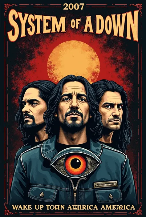 Poster-like image of the System of a Down Wake Up South America tour specifically Colombia to be printed on t-shirts and divers
Where are the original singers of the band SOAD and the representative eye of the tour