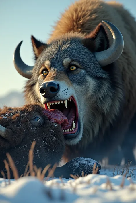 I want create wolf and bison ai images where wolf eat injured bison face