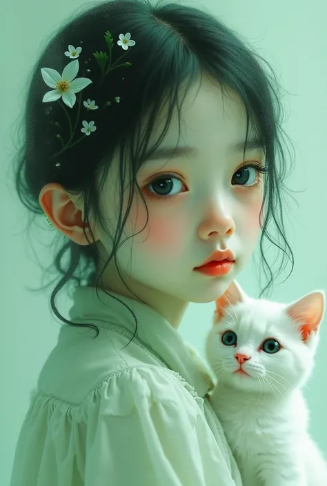 A black-eyed girl with pastel green texture and white cat 