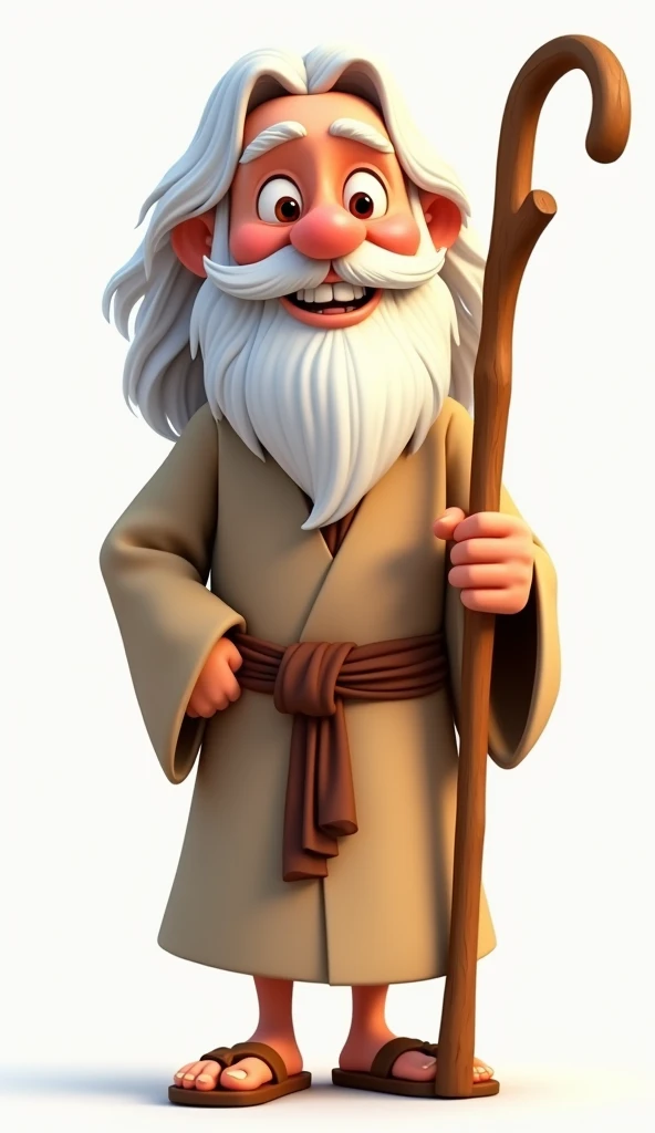 "An animated, cartoon-style old man resembling Noah from the Bible. He has long white hair and a beard, bright eyes, and a kind smile. He is wearing a simple robe with a sash, sandals, and a shepherds staff. The character has a friendly, approachable look,...