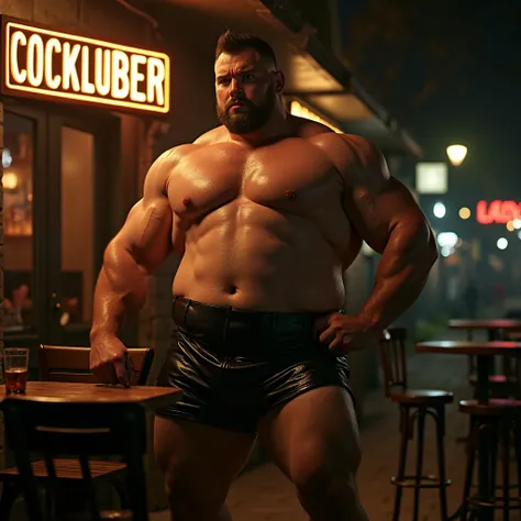 "A hyperrealistic, cinematic scene of a heavily muscular, hefty, burly, strapping, well built, thickset, solid, strong, powerful, heavy, robust, sturdy, stocky, stout, plump, flabby, fleshy, rotund, portly, corpulent, paunchy, beer-bellied, dumpy, hunky, h...