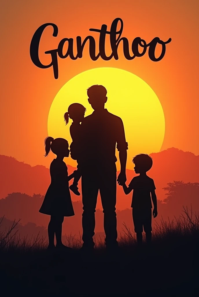 Silhouette of a father with 2 daughters and a son behind the word GantHoo in 3d with a beautiful background of a beautiful sunset