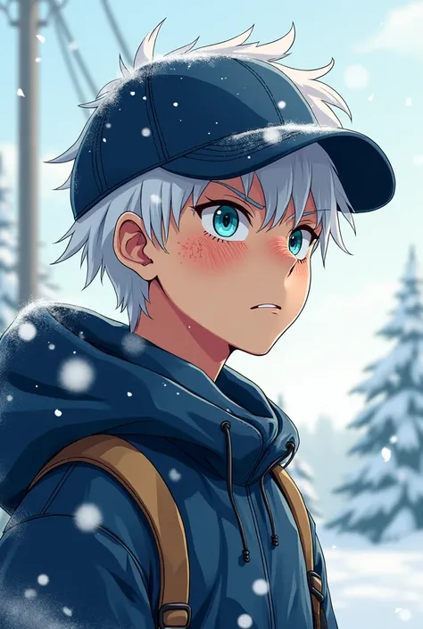 A young man with white hair, under the snow with a navy blue cap ,  that is a little angry and that has a lot of freckles, Anime version