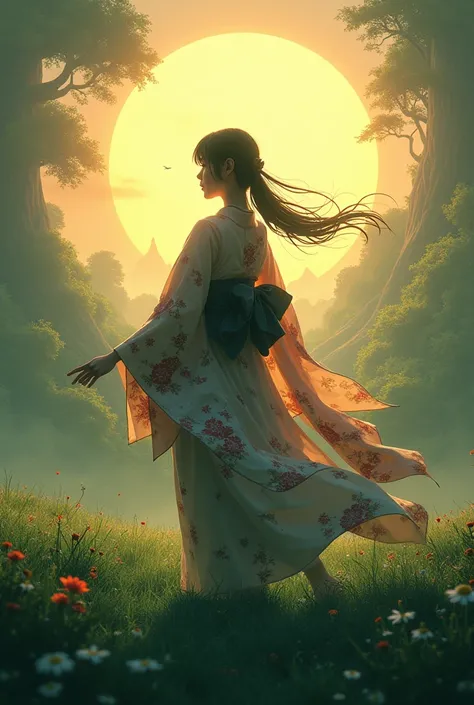 Japanese Yukata、grassland、fantasy、 backlit、 silhouette