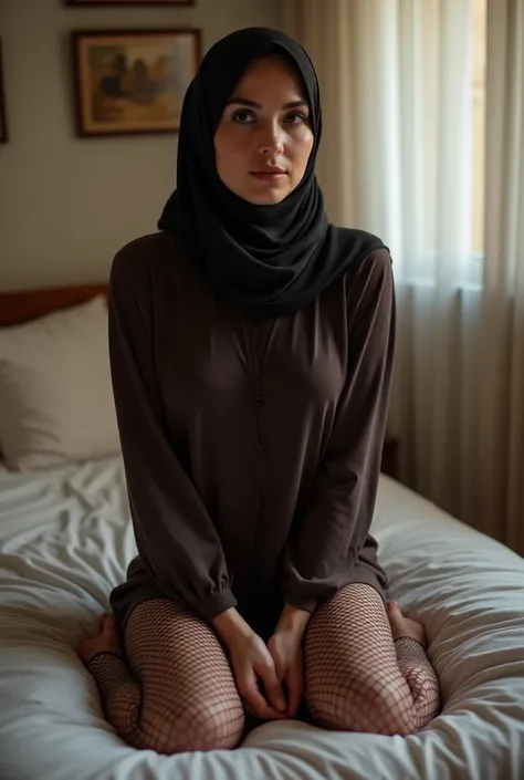 Woman wearing hijab on a bed masturbating spread legs fishnet stockings exposed vagina 