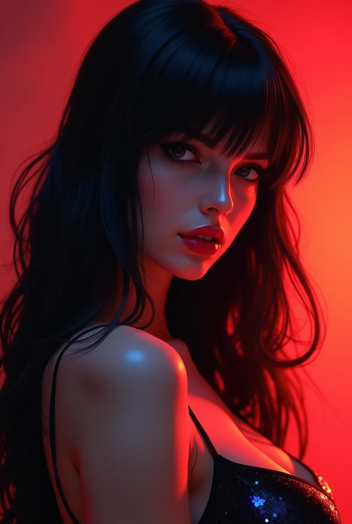 (Bianca Beauchamp)A picture of the head of Vampirella,long black hair,"head and shoulders portrait,big full breasts, 8k resolution concept art portrait by Greg Rutkowski, Artgerm, WLOP, Alphonse Mucha dynamic lighting hyperdetailed intricately detailed Spl...