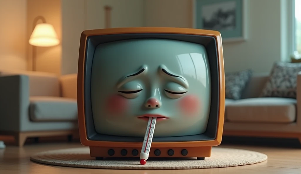 
" Creates a realistic 3D image of a television set with a personified appearance of sadness And illness.  The TV must have expressive features ,  like half-closed eyes and droopy eyebrows ,  transmitting a depressed face .  Add a thermometer in the mouth ...