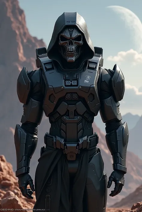 Create a space soldier wearing black Halo Mark IV centurion armor and a hooded skull mask ,Standing and visible model
