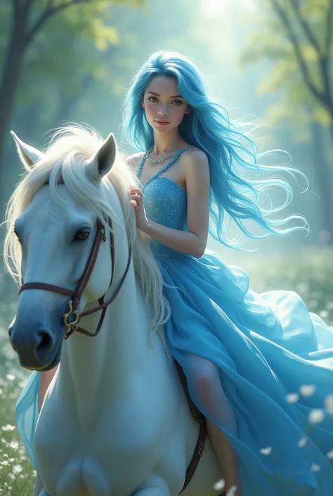 Beautiful girl wearing beautiful blue dress with blue colored hair ,  riding a white horse with beautiful horse hair