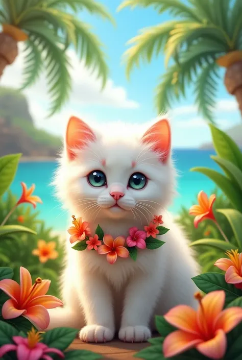 a very cute white kitten ,  in Hawaii with a necklace of Hawaiian flowers