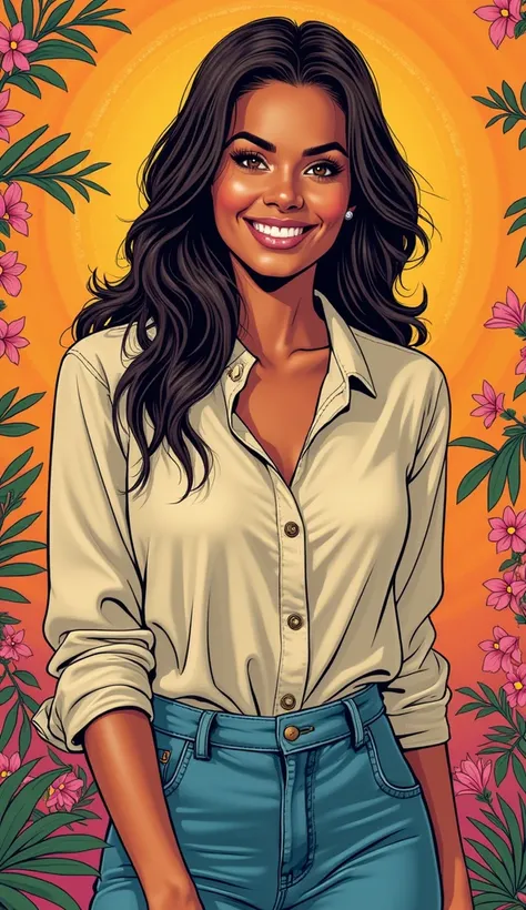 A discreet and casual image of an adult American woman in comic book style, smiling and appearing happy. She is dressed in casual and tasteful clothing, such as a blouse and jeans, with an approachable and friendly appearance. The background is vibrant and...