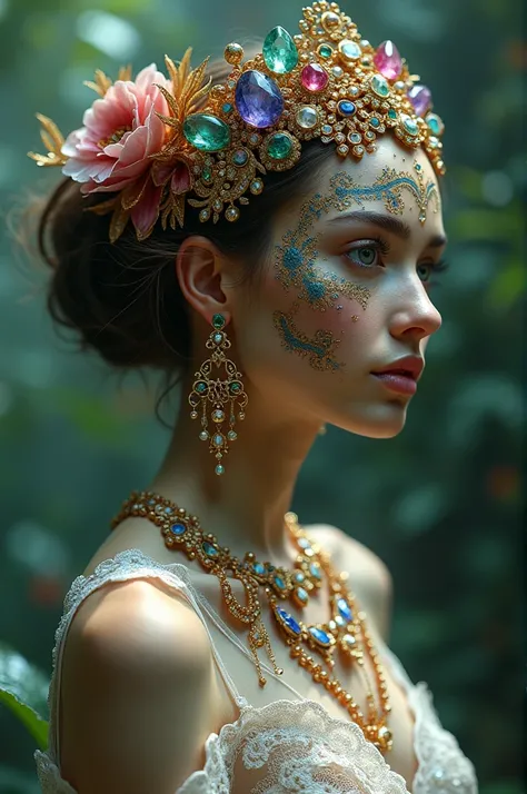  Human adorned with all kinds of gemstones: ruby, chrysolite , jade, Topacio, Onice, Jasper, sapphire,  turquoise and emerald . jewelry and lace covered with gold 