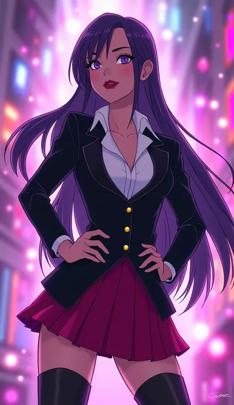 (Zatanna from DC Super Hero Girls 2019), (long purple hair), (straight purple hair), (sparkly purple hair), (magical purple hair) (Dark purple), (Zatanna is a beautiful teenage girl with fair skin and a distinctive hourglass figure), (thick light indigo ha...