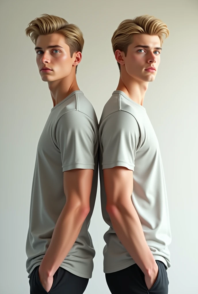 Two 18-year-old male twins,  blonde hair , Perfect profile, tez blanca, and blue eyes. Both looking forward ,  back to back with their hands in their pockets 