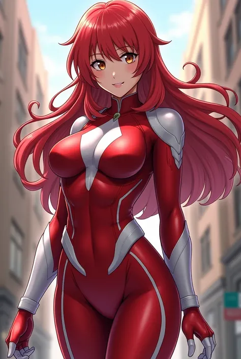    My Hero Academia style  ,    anime girl  , woman, young woman ,    full body shot   ,( Combat Stance :1.3), long hair, Red Hair,    brown eyes ,  hero suit,  full body suit,   red suit with white details,  perfect anatomy,  Reinforced ABS ,  super detai...