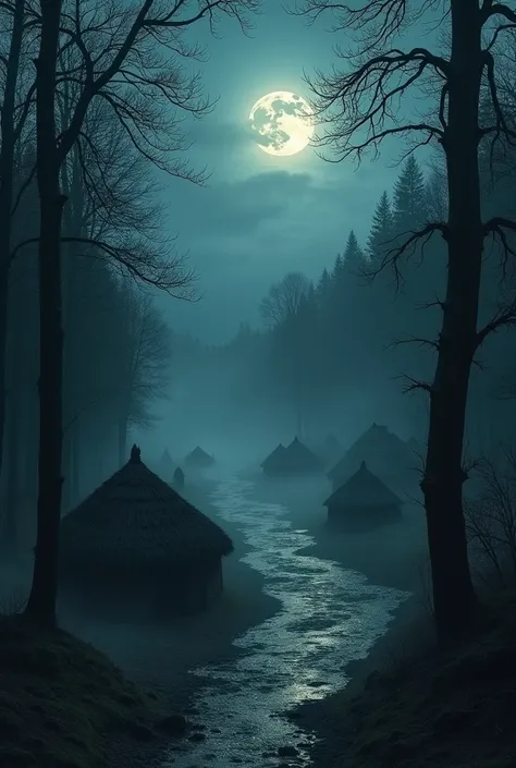 Prompt: A mystical village near a dark river, surrounded by tall, dense trees. The river is glowing faintly under a full moon, with eerie mist rising from its surface. The village huts are small and humble, made of mud. The atmosphere is quiet yet charged ...