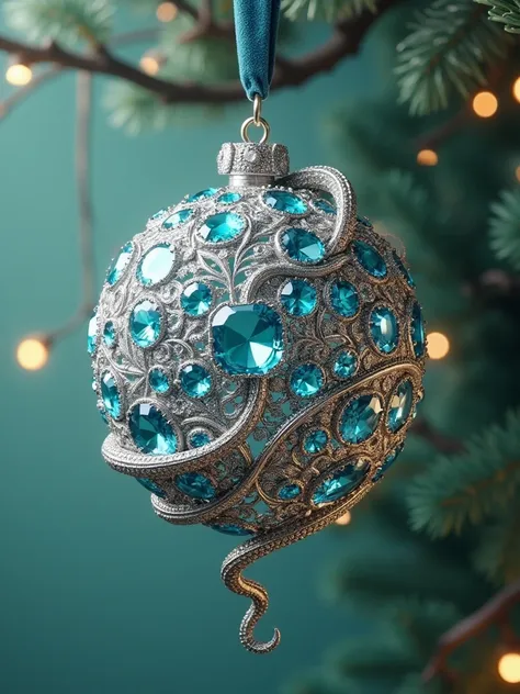 A luxurious Christmas ornament - a large spherical masterpiece in the style of French masters, decorated with an intricate silver filigree pattern and inlaid with a multitude of small diamond-shaped stones of blue topaz and dazzling brilliant-cut diamonds....