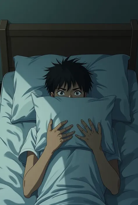 man lying on a mattress while covering his entire face with a pillow so he cant breathe, style anime