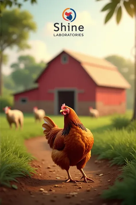 A peaceful African farm scene with a focus on many domestic animals. A brown hen is in the foreground, scratching the ground or pecking at some grain, with a backdrop of a red barn, green fields, and a few farm animals in the distance.
Put shine laboratori...