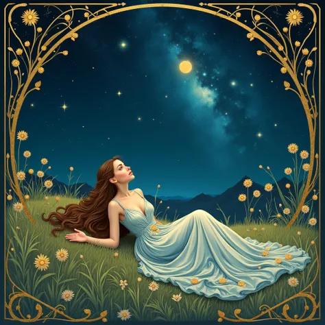 A young woman of ethereal beauty, lying on a grassy field at night, gazing at a breathtaking starry sky. She is wearing a flowing dress adorned with floral patterns and soft tones of blue and gold, typical of the Art Nouveau style. Her long, wavy hair spre...