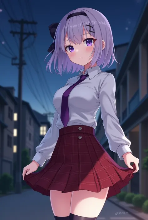 桃色の髪,Purple Eyes, medium hair taken from the front, pure white skin, pretty girl, boyish,cool,Neutral, curvy body , muscular, Tall,Beautiful breasts, nice butt, button down shirt, button down shirtの上に黒色のブレザーを羽織ってる,Purple tie,Red Check Skirt, black knee soc...