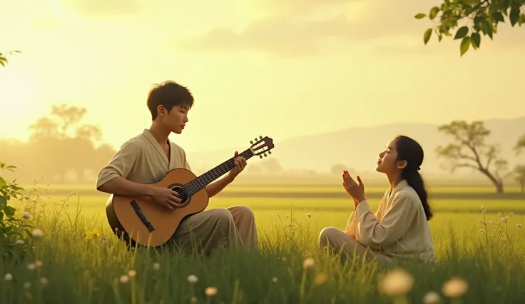 A young Thai man in a peasant costume plays the airy guitar, a girl sings on the edge of the field