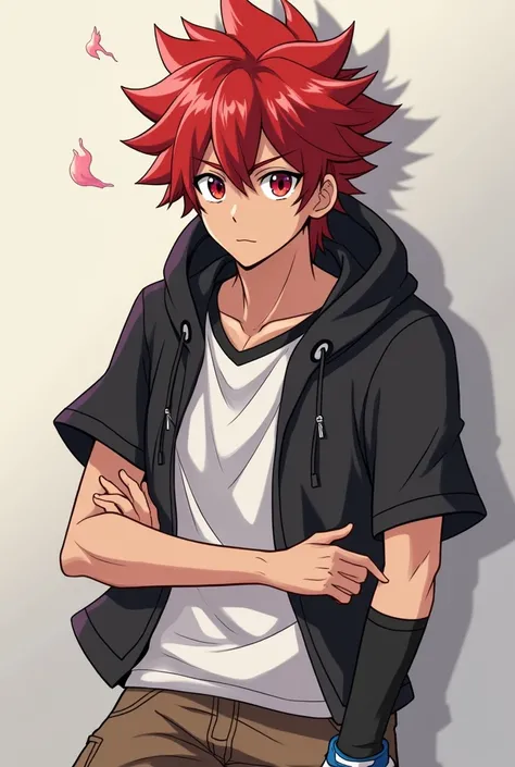 An anime character ,  with red hair with red eyes brown skin ,  white shirt black hoodie and black short sleeve shirt,  blue sneakers,  fire powers slightly spiky hair brown shorts hooded shirt and black sleeves aged 19 years anime style physical jujutsu A...