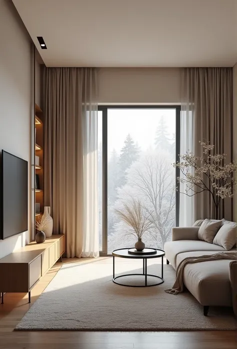  home living room , minimalist，It&#39;s snowing outside， The prompts can be generated as follows : "( better quality,4k,8K, A high resolution , Masterpiece:1.2),  ultra detailed ,( realistic ,fotor realistic ,foto- realistic :1.37， The lines are delicate ，...