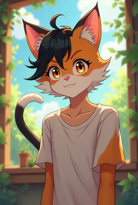 Gender: male
Species: human hybrid with cat features 
Eyes: orange 
Hair: black white and orange
Height: 52 
Features: cat ears, little cat tail, big eyes with big eyelashes, soft face, w-shaped smile
In anime style 
In anime style 