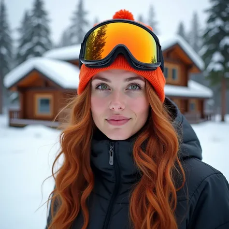 “A woman A 26-year-old woman with reddish, long, wavy hair, green eyes, athletic body, standing outdoors in a snowy environment near a cozy wooden cabin with snow-covered roofs and pine trees in the background. He wears a vibrant orange knit cap with refle...