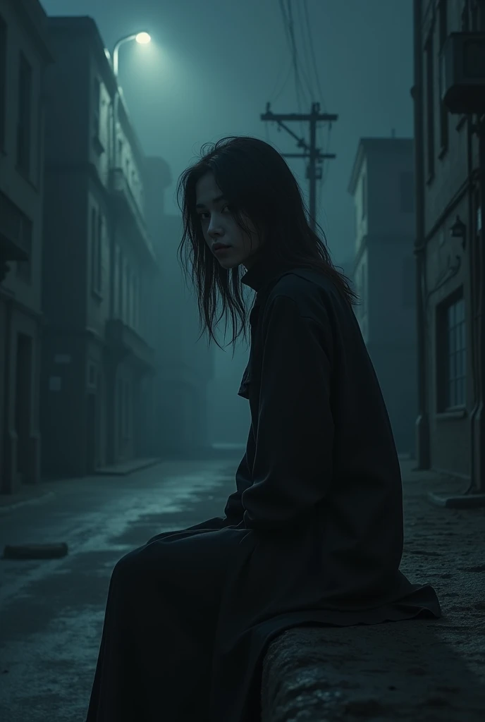 Girl sitting, motionless with a cold, dark look looking towards the building opposite, all this in a cold and lonely scene with a nighttime atmosphere. 