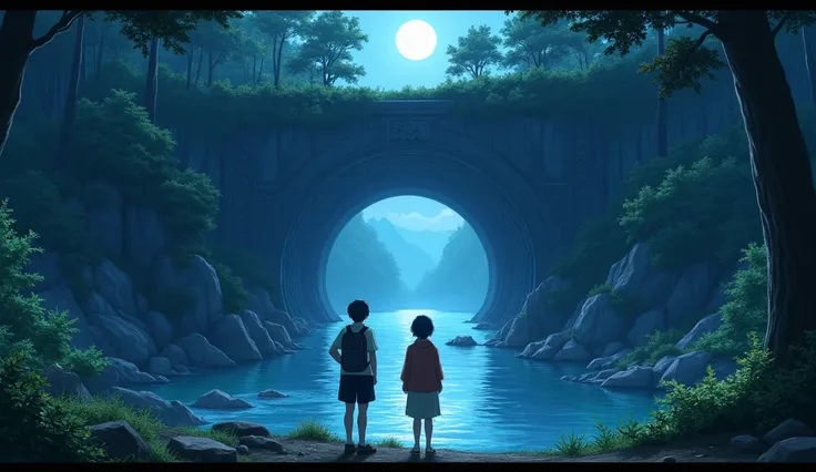 two people near an ambiguous entrance to a mountain tunnel surrounded by water in the dark,  in a forest , moonlit. anime version