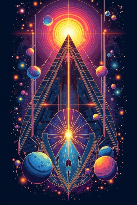 T-shirt composed of geometric patterns, science fantasy, dazzling psychedelic style design, illustrations, top quality images