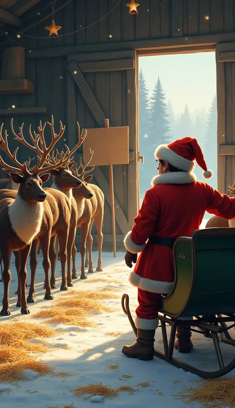 create a realistic illustration of an elf washing Santas sleigh, in the background you can see another elf holding a sign up. you can see eight reindeer in the background, each in its own trough. you can also see that the setting is a large stable with a s...